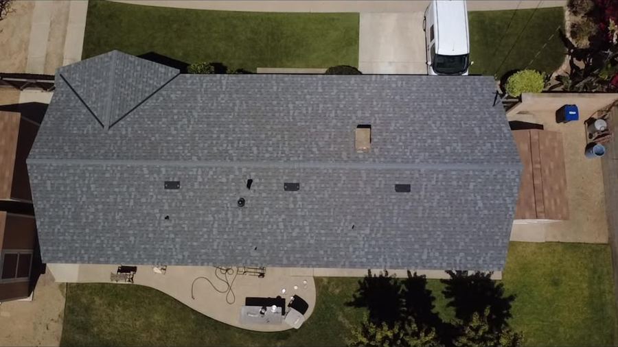 Completed gray shingle roof, aerial view